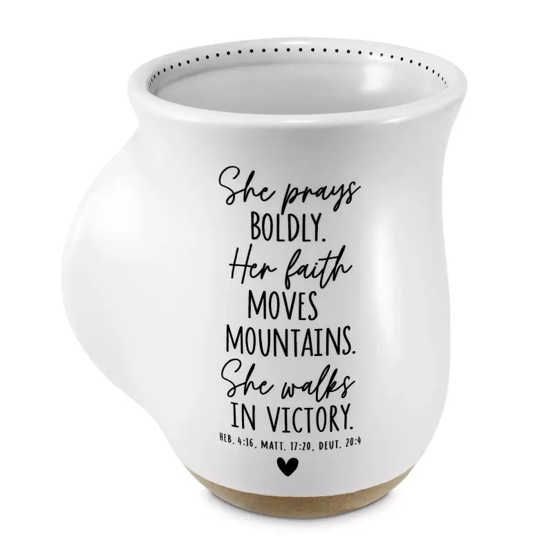 She Prays Boldly Her Faith Moves Mountains White 19 Ounce Ceramic Handwarmer Mug