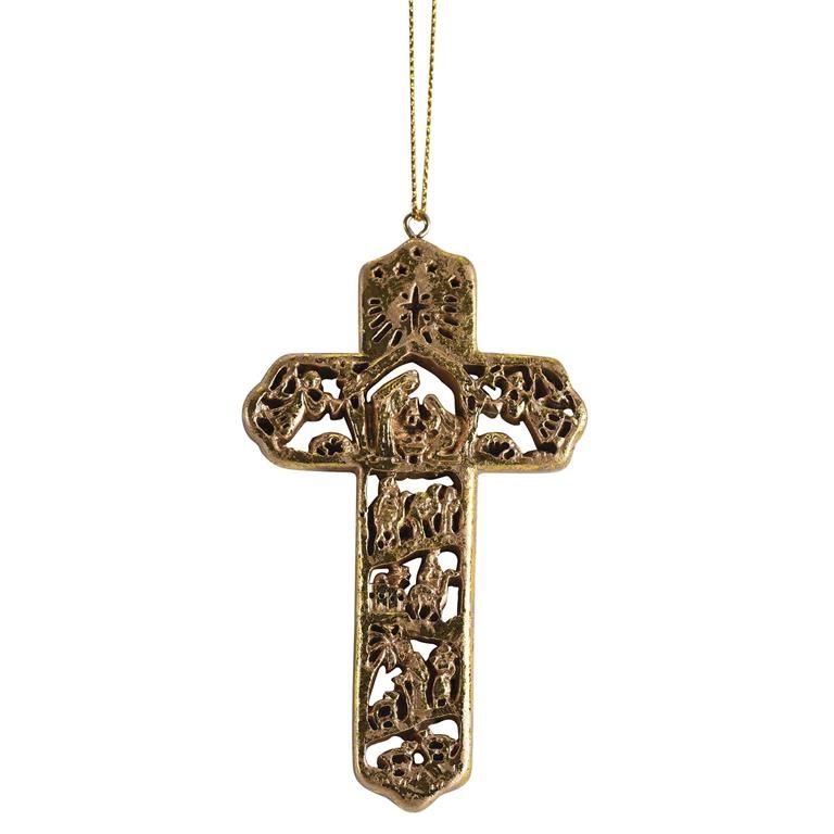 Ornament Nativity Cross Gold Resin