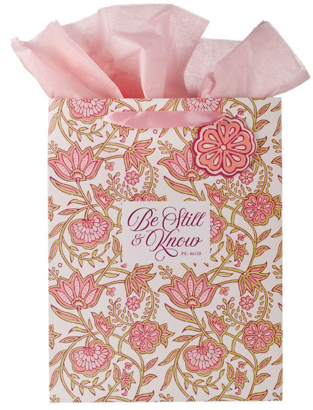 Be Still Pink Spring Floral Large Portrait Gift Bag - Psalm 46:10