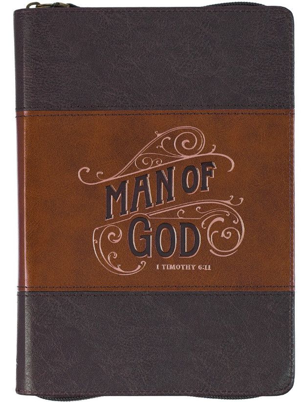 Man of God Honey-brown and Espresso Faux Leather Journal with Zipper Closure - 1 Timothy 6:11