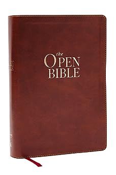 NKJV The Open Bible: Read and Discover the Bible for Yourself Brown Leathersoft, Red Letter