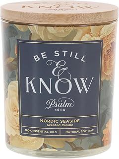 Glass Candle w/Bamboo Lid Floral Be Still Ps. 46:10