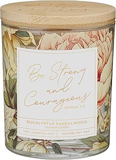 Glass Candle w/Bamboo Lid Floral Strong &amp; Courageous Josh 1:9