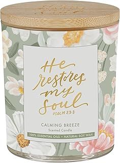 Glass Candle w/Bamboo Lid Floral He Restores My Soul Ps 23:3