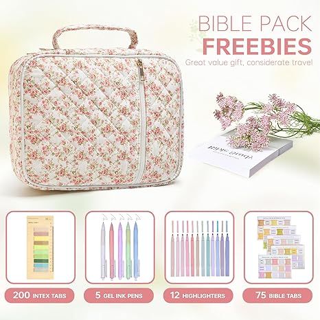 Bible Cover Quilted Coral Rose with Accessories