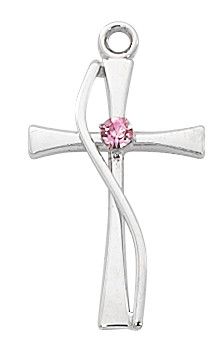 STERLING SILVER CROSS WITH ROSE COLORED STONES 18" RHODIUM PLATED CHAIN : 13/16" LONG