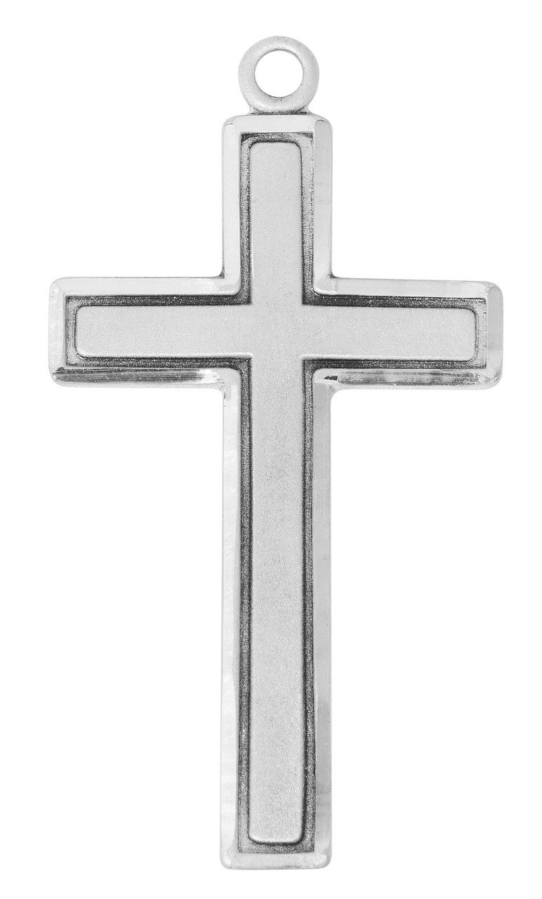 STERLING SILVER CROSS WITH 24" STAINLESS STEEL CHAIN. INCLUDES DELUXE GIFT BOX.  DIMENSION: 1.5"