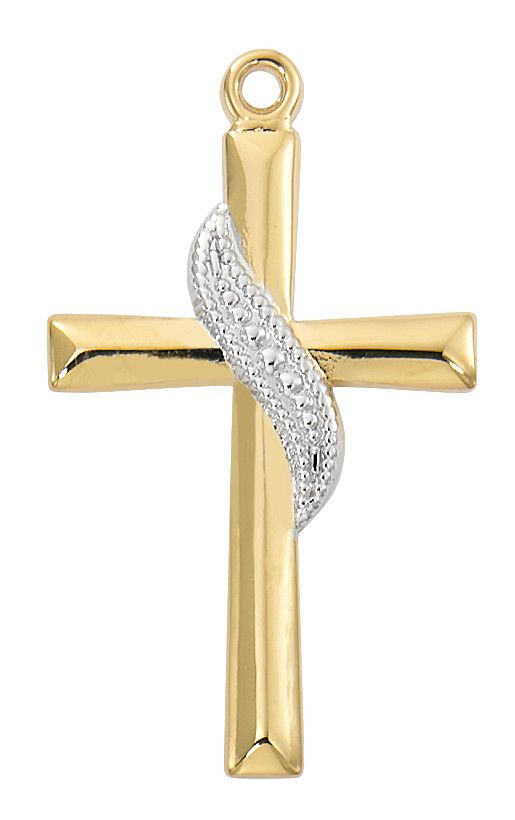GOLD OVER STERLING SILVER TWO-TONE CROSS WITH SASH. 18" GOLD OVER BRASS CHAIN