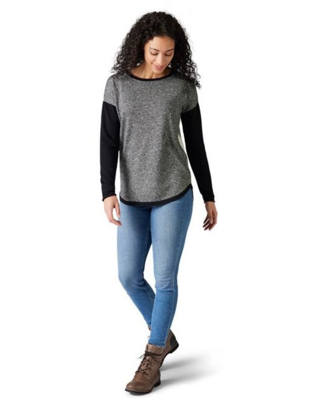 SmartWool Womens Shadow Pine Colorblock Crew Sweater- BLACK NATURAL MARL