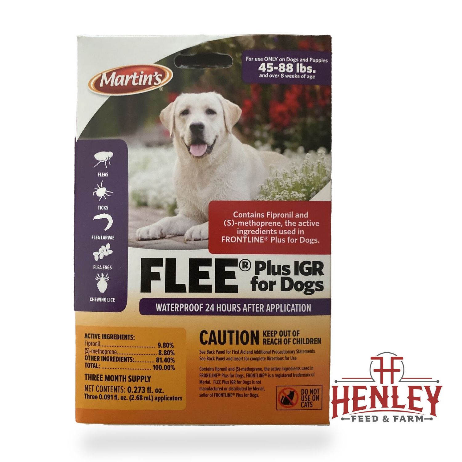 Flee Plus IGR Spot on Dog flea drops for Dogs 45-88LBS  3 month supply (Frontline Plus)