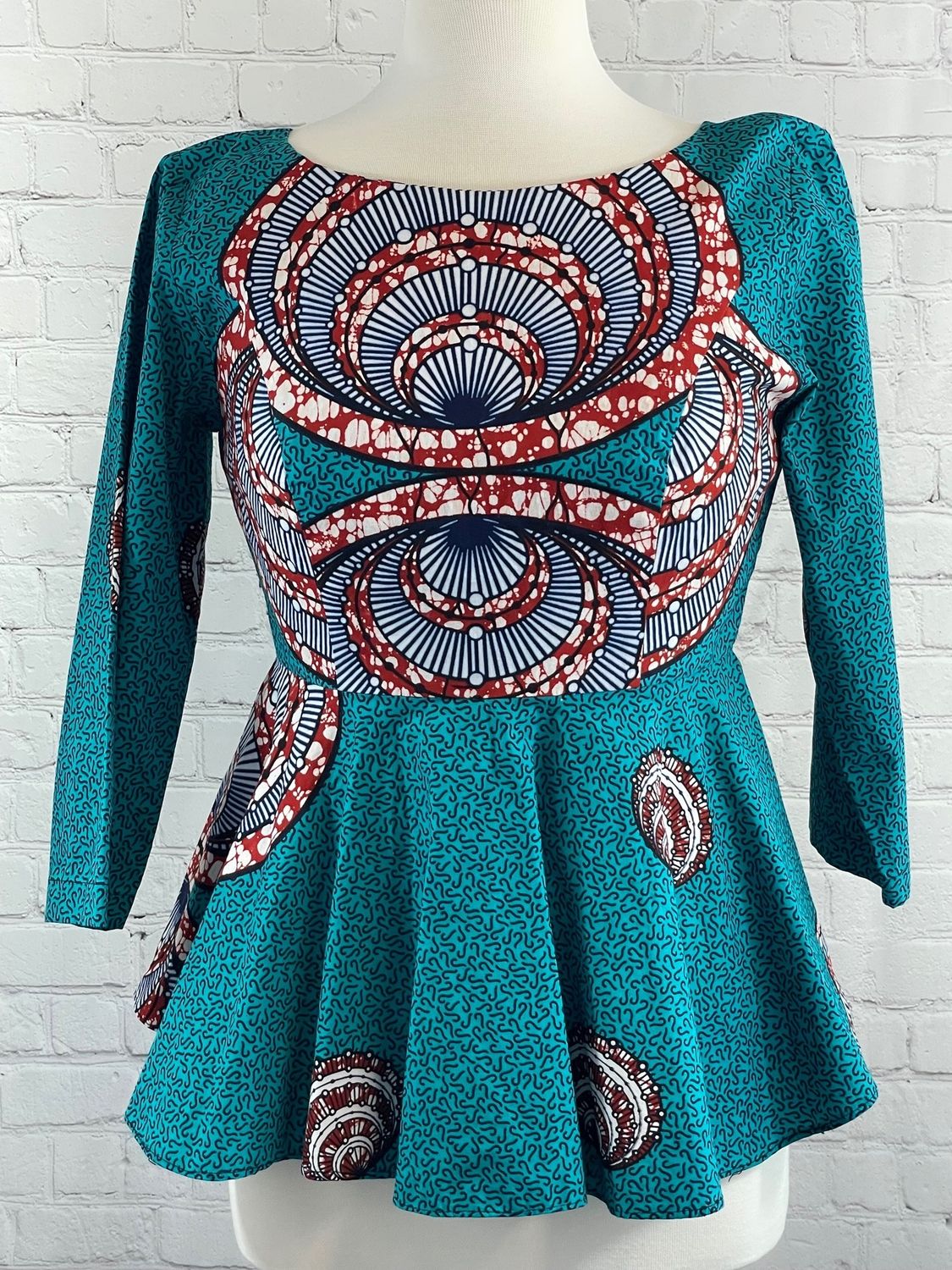 Hand Made, Teal, Burgundy, Navy African Print, 3/4, sm