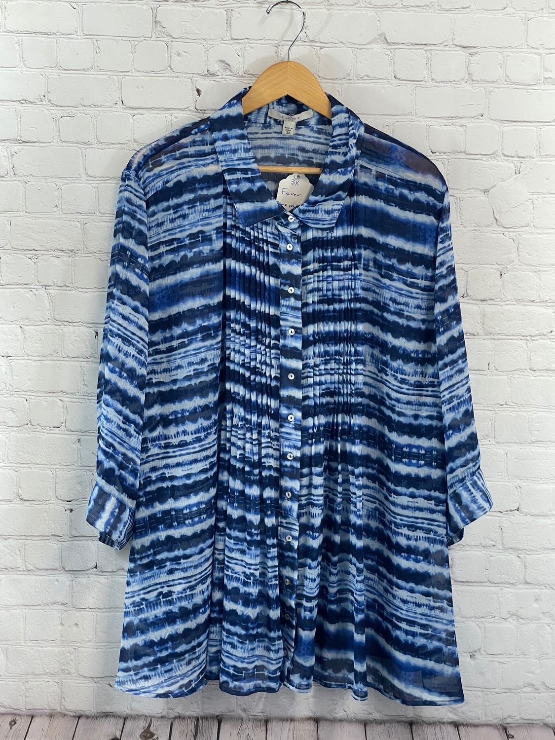 Fever, Blue, Tie Dye, 3/4 Sleeve, 3X