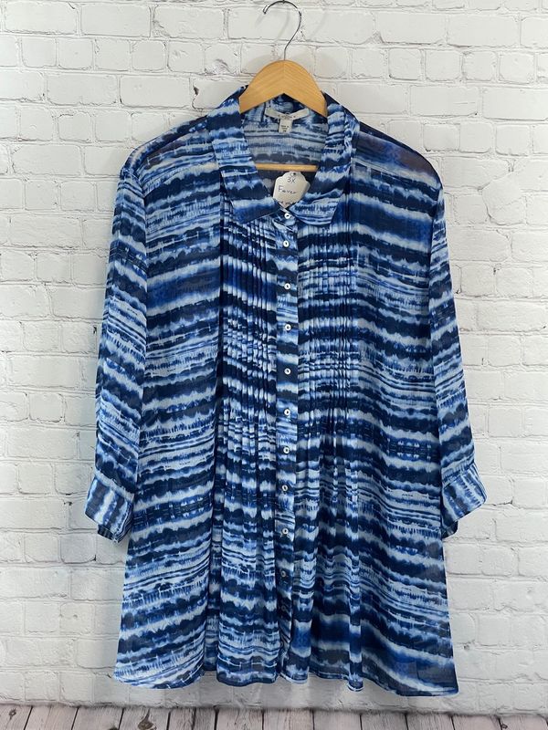 Fever, Blue, Tie Dye, 3/4 Sleeve, 3X