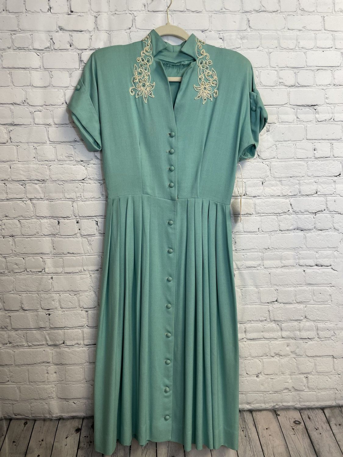 Chogogo Vintage, 1950&#39;s Tiffany Blue Beaded Day Dress, 34x27
