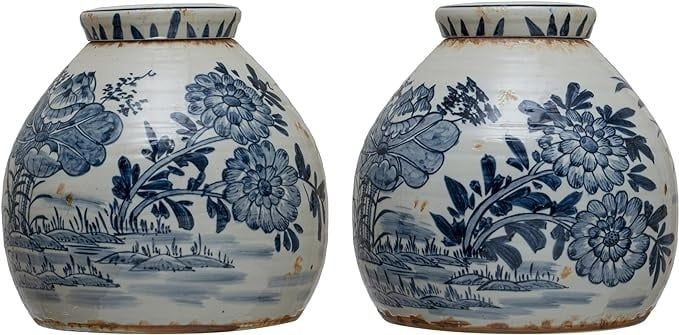 Decorative Stoneware Ginger Jar - Distressed Blue &amp; White