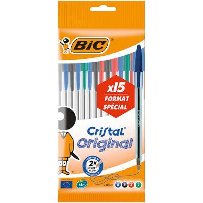 Stylos Bic cristal - Coloris assortis - Ø de la pointe 1,0 mm. - Pqt de 1