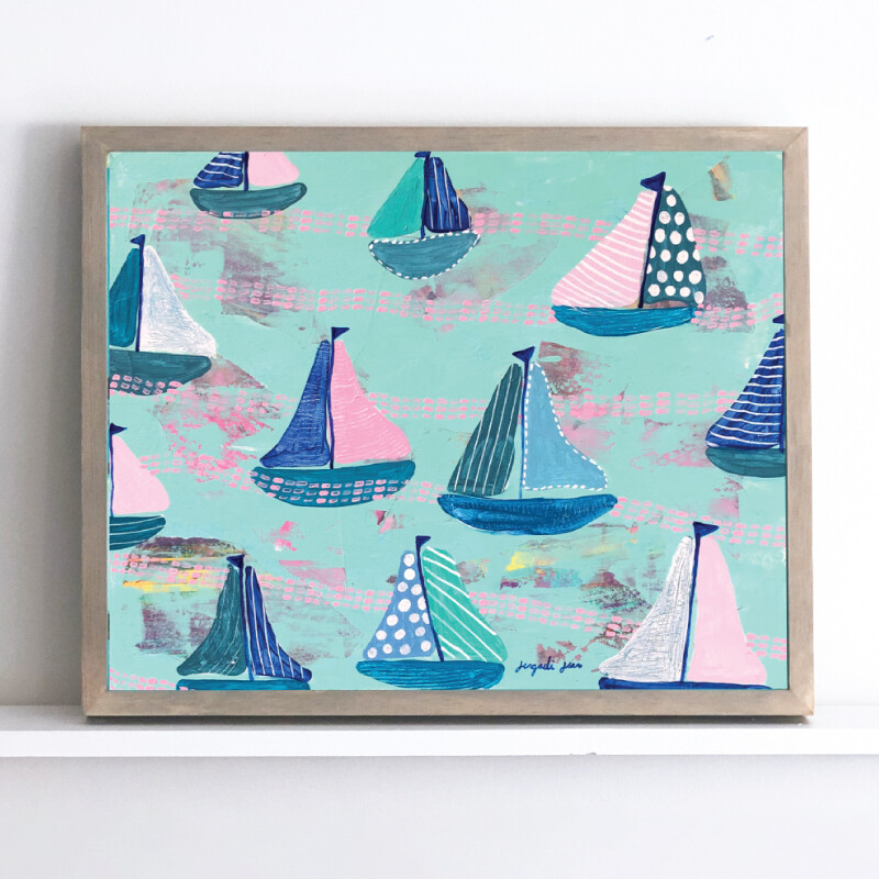 Pink and Mint Sailboats Framed Original (16 x 20)