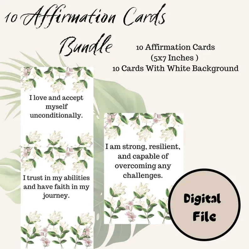 10 Affirmation Cards Digital Download, Mindfulness Affirmations Deck, Positive Quotes Printable Gift