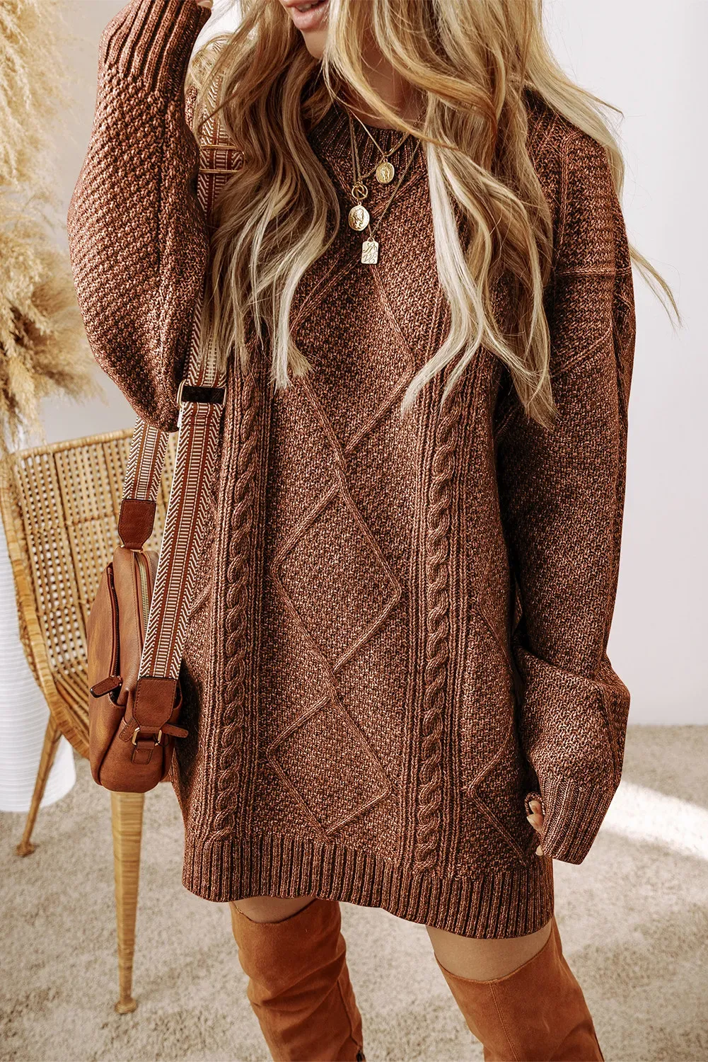 Cozy Cable-Knit Round Neck Sweater Dress