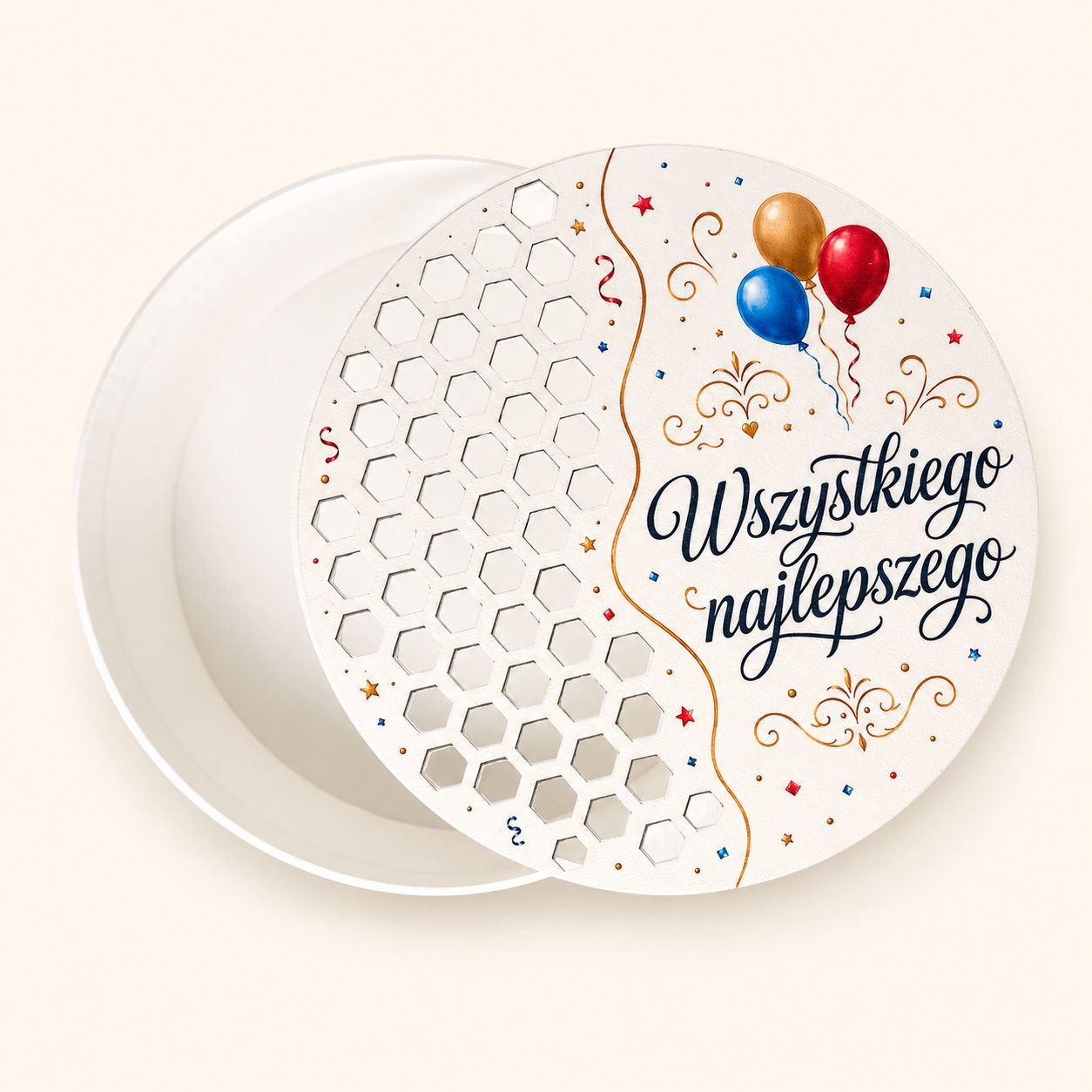 Okrągłe białe pudełko flowerbox "Wszystkiego najlepszego"