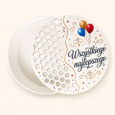 Okrągłe białe pudełko flowerbox "Wszystkiego najlepszego"