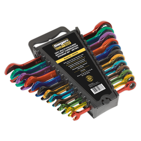 Siegen Multi-Coloured Combination Ratchet Spanner Set (12pc)