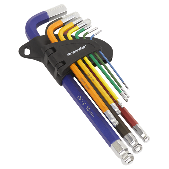 Sealey Premier Multi-Colour Long Ball-End Hex Key Set (9pc)