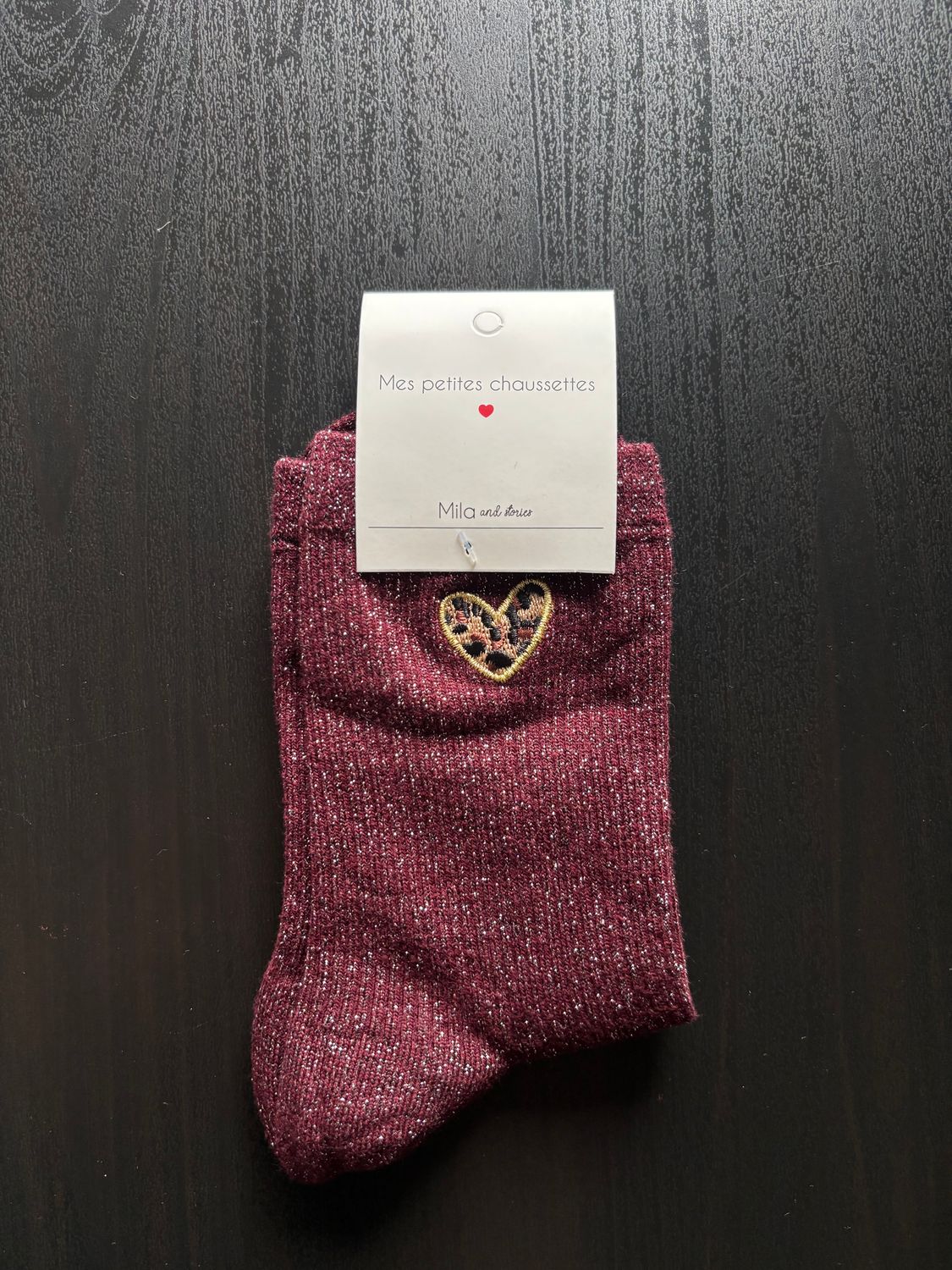 GLITTER KOUSEN BORDEAUX HARTJE
