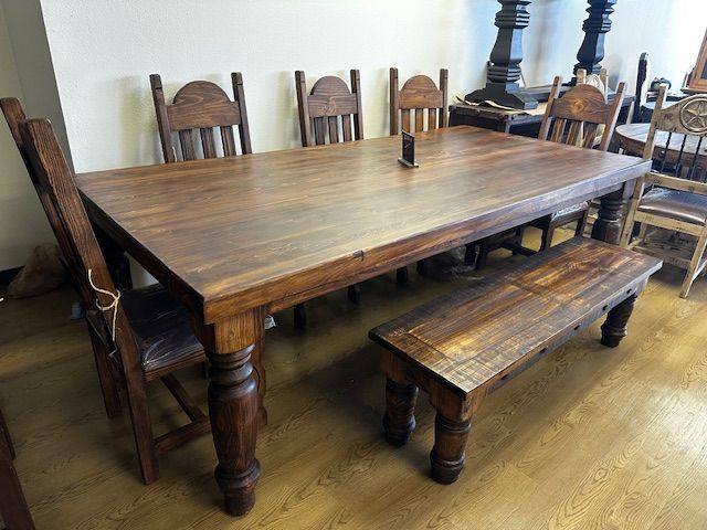 RUSTIC 8 FT DINING SET WITH 5 CHAIRS AND 1 WOODEN BENCH