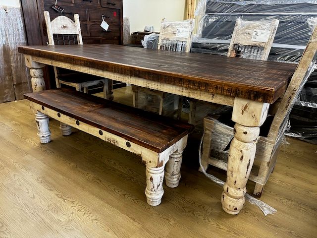 RUSTIC 8 FT DINING SET WITH 4 CHAIRS AND 1 WOODEN BENCH