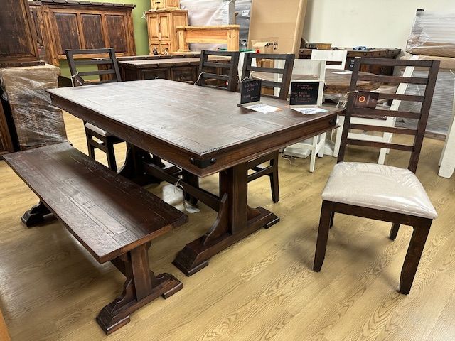 6 FT NASHVILLE DINING SET WITH 4 UPHOLSTERED  LADDER BACK CHAIRS AND 1 BENCH