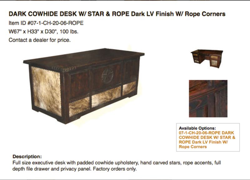 DARK COWHIDE DESK W/ STAR &amp; ROPE CORNERS