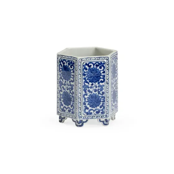 HEXAGONAL BLUE AND WHITE VASE