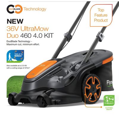 FLYMO 36V ULTRA MOW DUO 460 ELECTRIC ROTARY LAWNMOWER &amp; 2AH BATTERY &amp; CHARGER