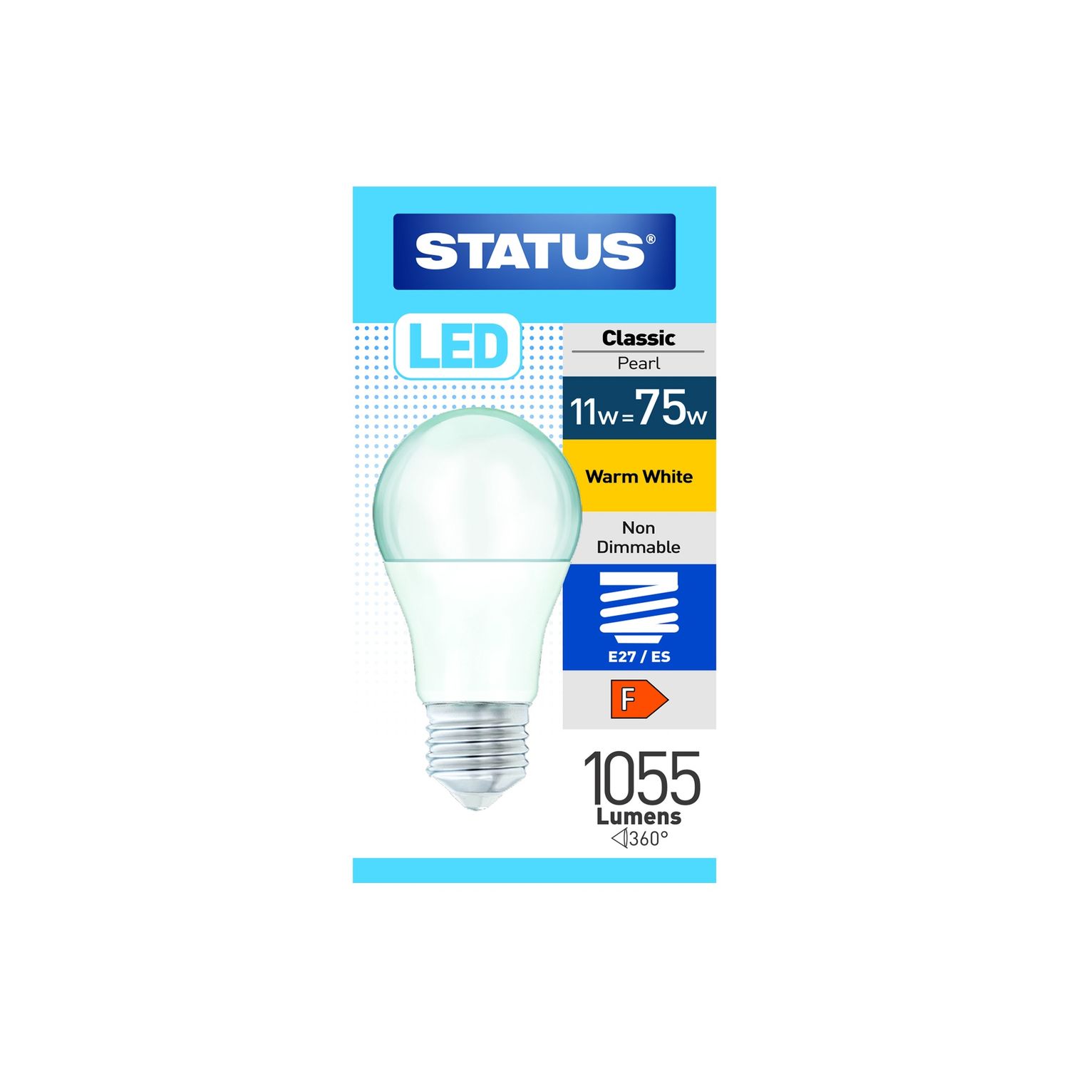 10W = 75W = 1055 LUMENS, STATUS, LED, A60 GLS, ES, PA, PEARL, WARM WHITE