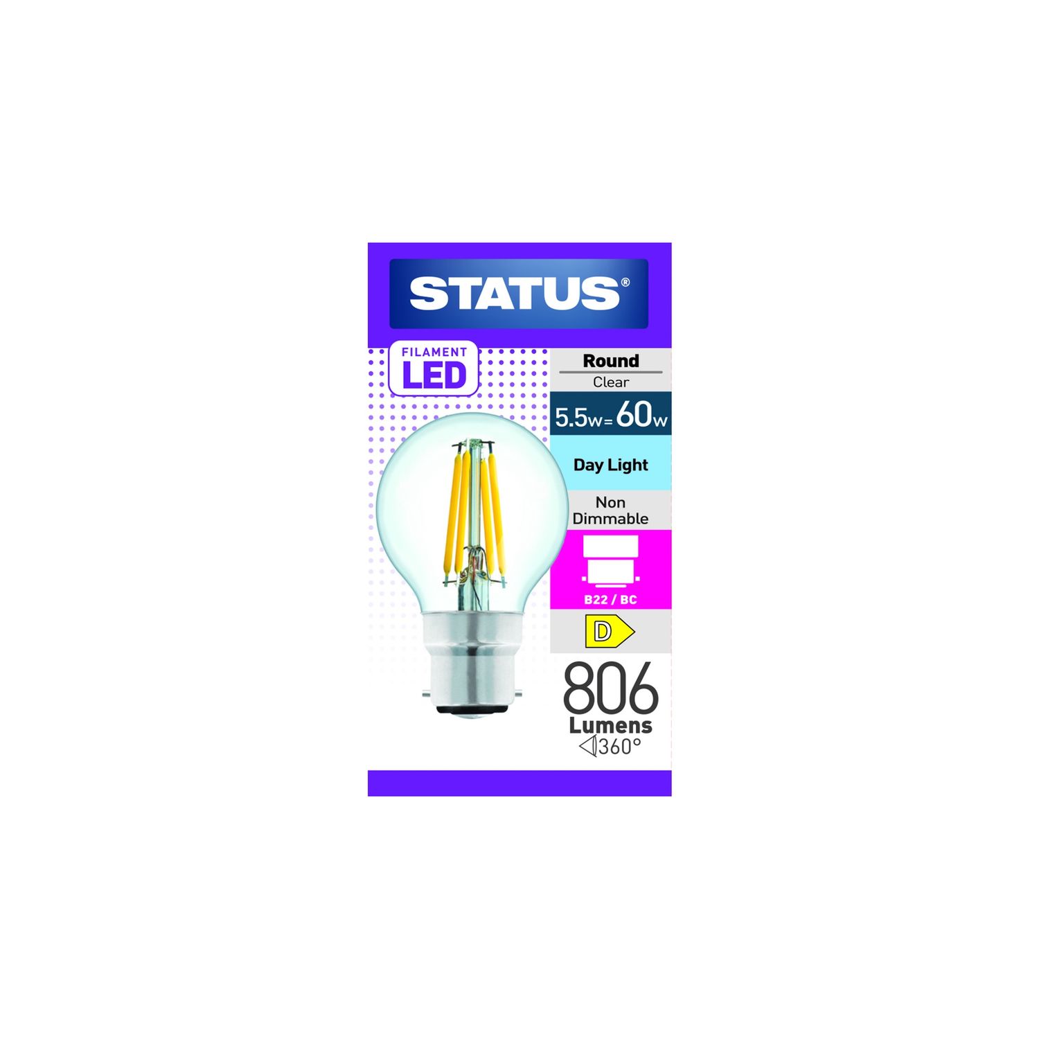 STATUS LED FILAMENT ROUND BC 5.5W=60W