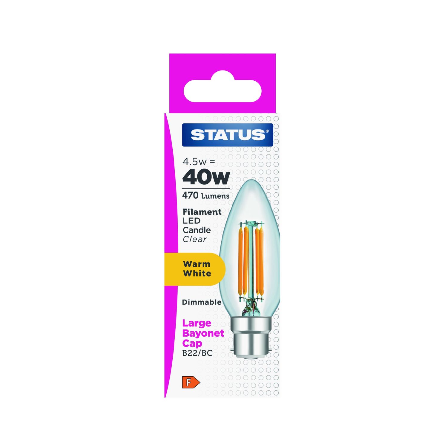4.5W = 40W = 470 LUMENS, STATUS, DIMMABLE, FILAMENT LED, CANDLE, BC, CLEAR, WARM WHITE
