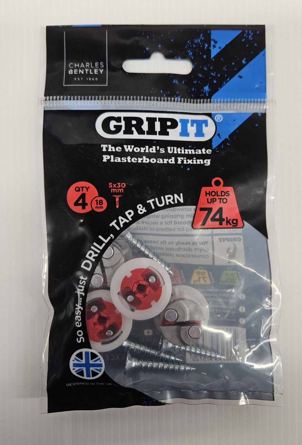 GRIPIT RED PLASTERBOARD FIXING 18mm PACK OF 4