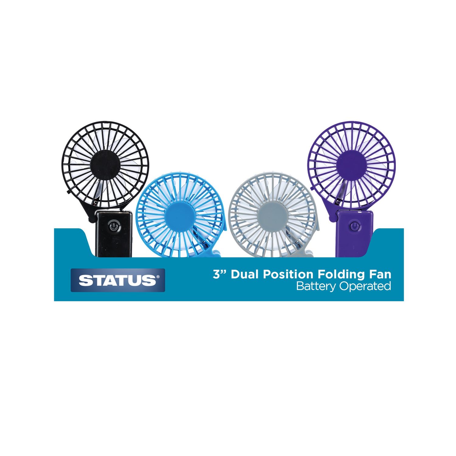 DUAL POSITION HAND HELD MINI FAN, STATUS AIR BLAST, 4 X BLACK 4 X GREY 4 X PURPLE 4 X BLUE, 2 X AA BATTERIES INCLUDED, IN COLOUR CDU