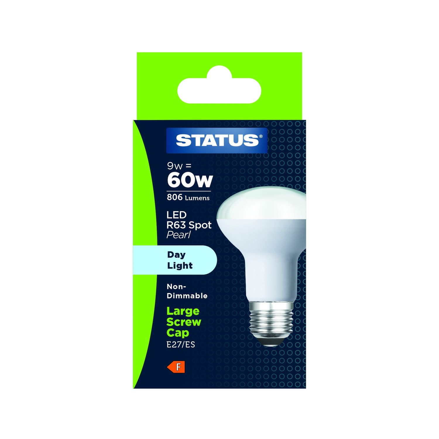 9W = 60W = 820 LUMENS, STATUS, R63 REFLECTOR SPOT, ES, DAY LIGHT