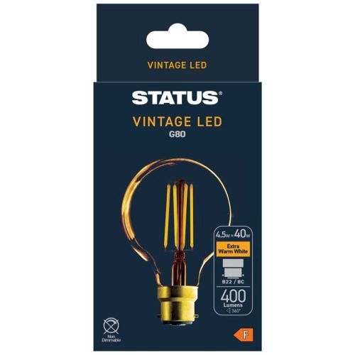 4.5W = 380 lUMENS ANTIQUE G80 GLOBE BC GOLDEN LED FILAMENT