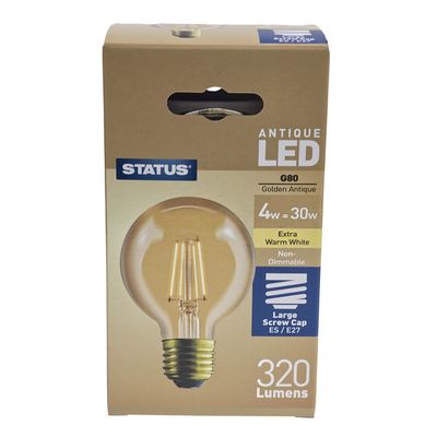 4.5W = 380 lUMENS ANTIQUE G80 GLOBE ES GOLDEN LED FILAMENT