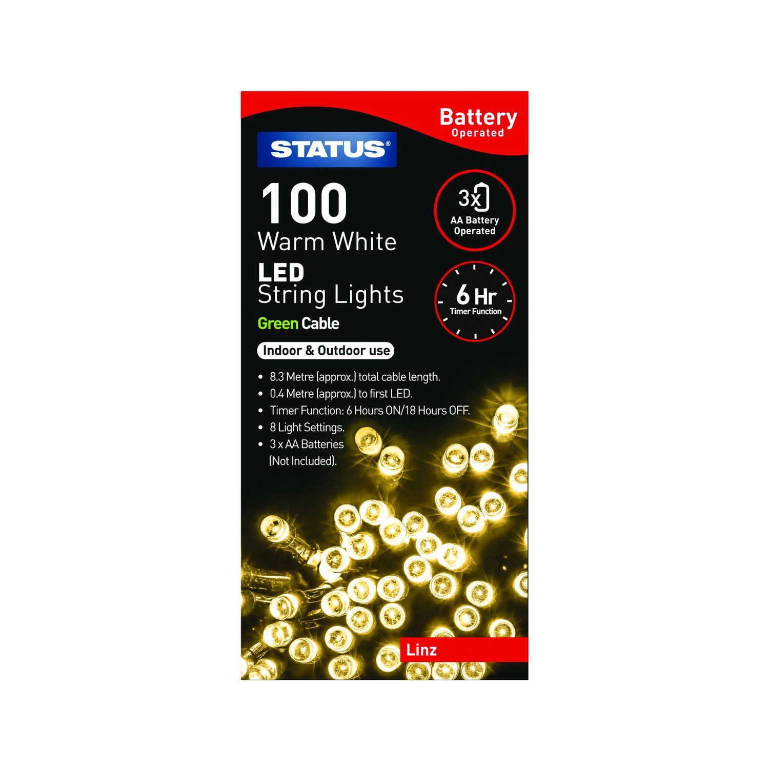 100 LED STRING LIGHTS WARM WHITE BATTERY OPERATED