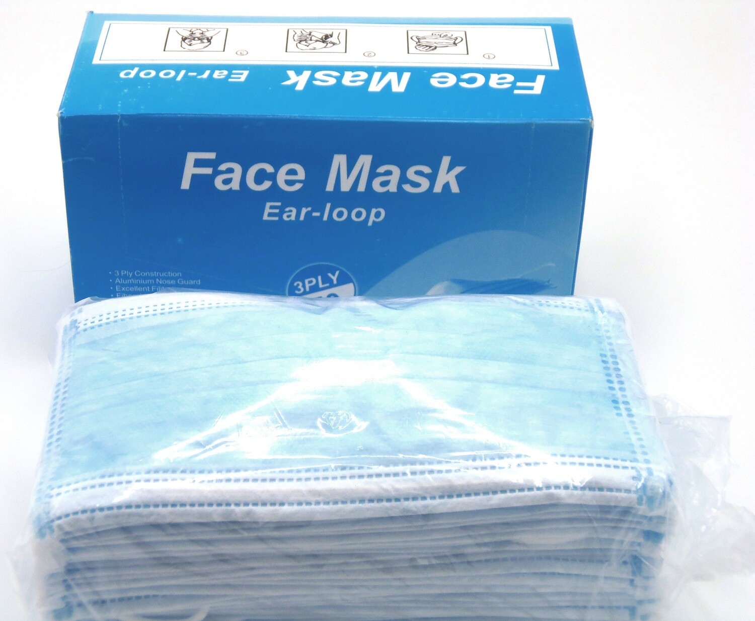 BOX OF 50 BLUE 3-PLY FACE MASKS W/NOSE GUARD AND EAR LOOP