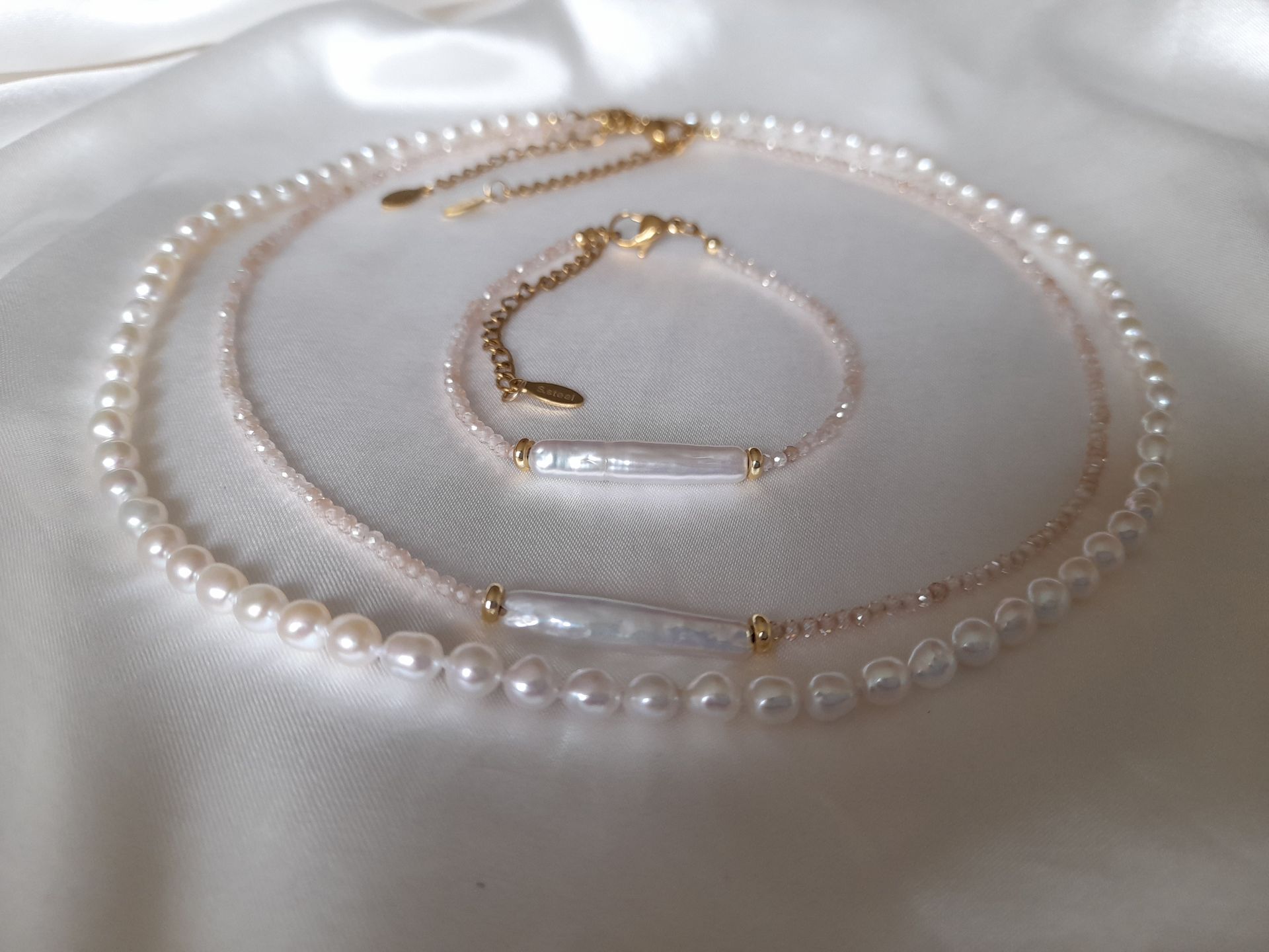 Baroque Rice Pearl & Pink Zirconia necklace