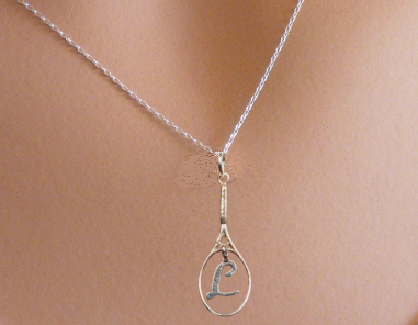 silver necklace with silver tennis raquet and hanging Letter L