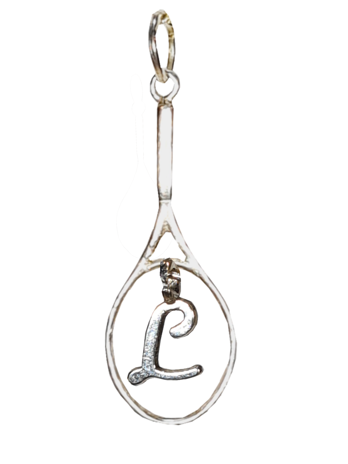 Silver necklace with silver tennis racquet and hanging Letter L