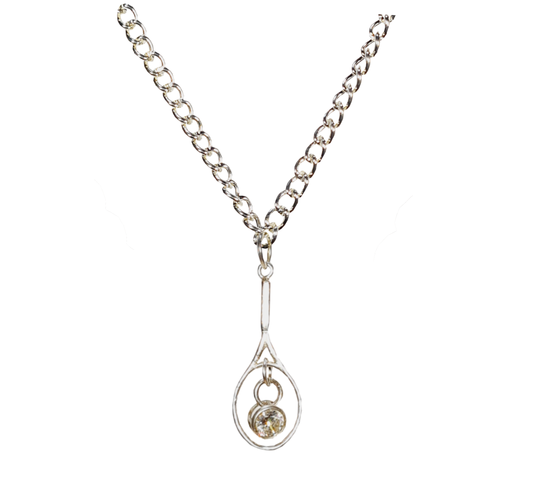 Silver necklace with tennis racquet and internal birthstone
