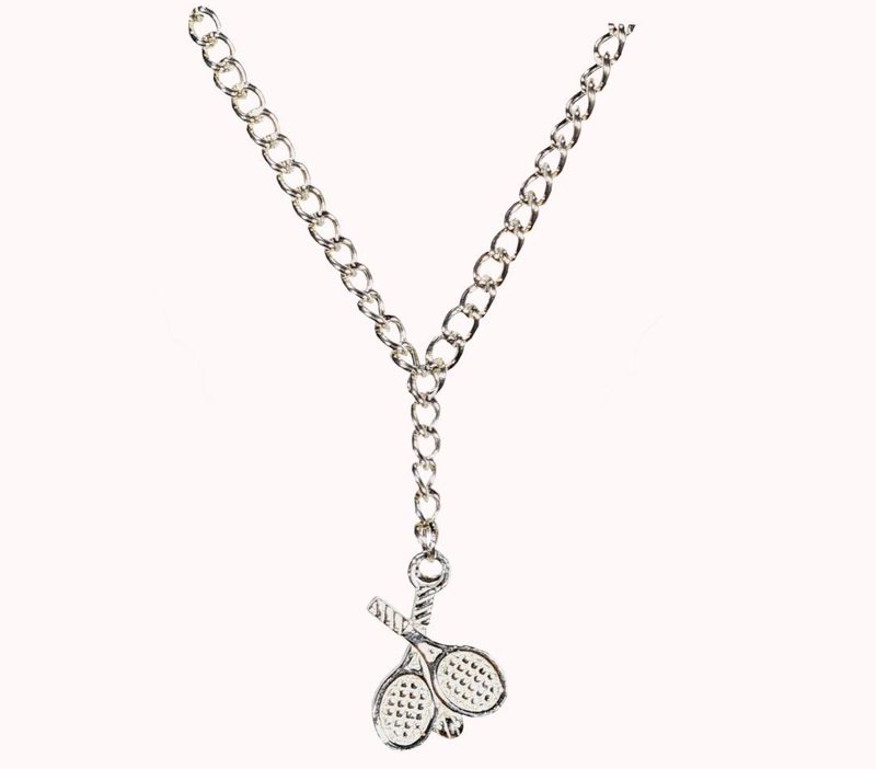 Small silver crossed tennis racquet on a silver chain
