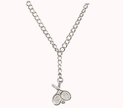 Small silver crossed tennis racquet on a silver chain